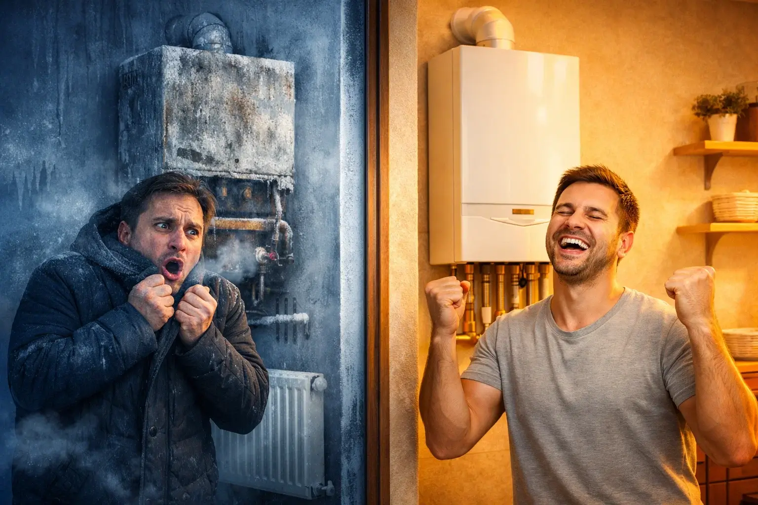 old dirty boiler vs serviced clean heating system