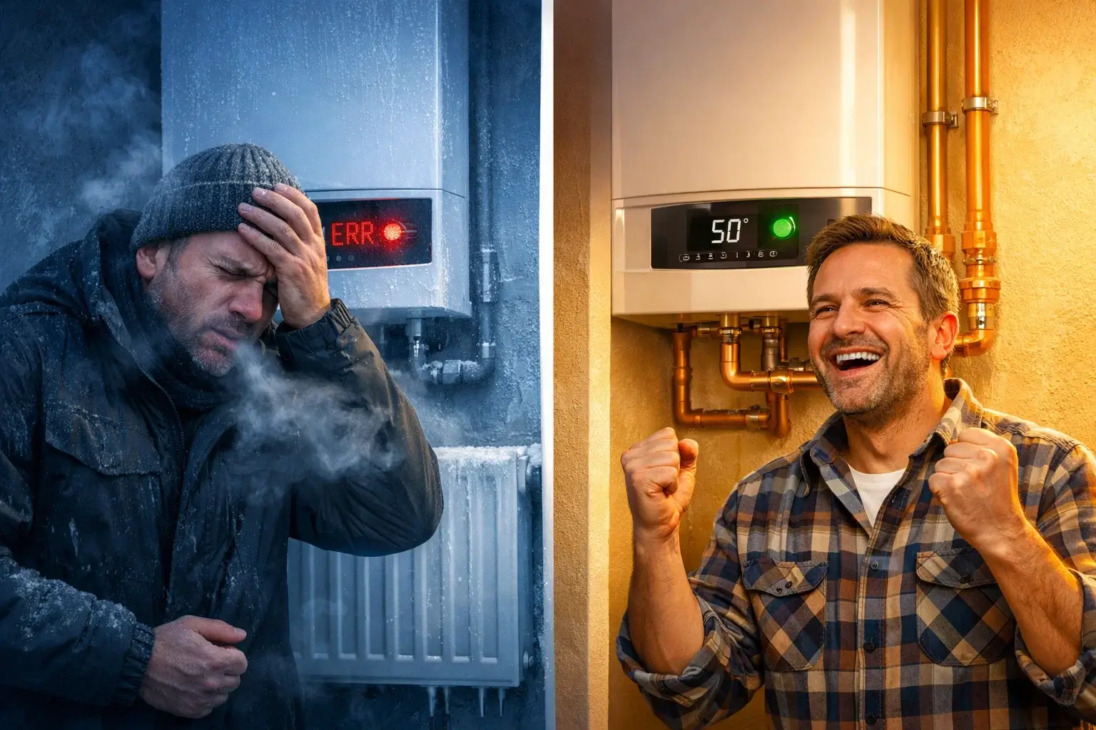 gas boiler error vs repaired working heating system