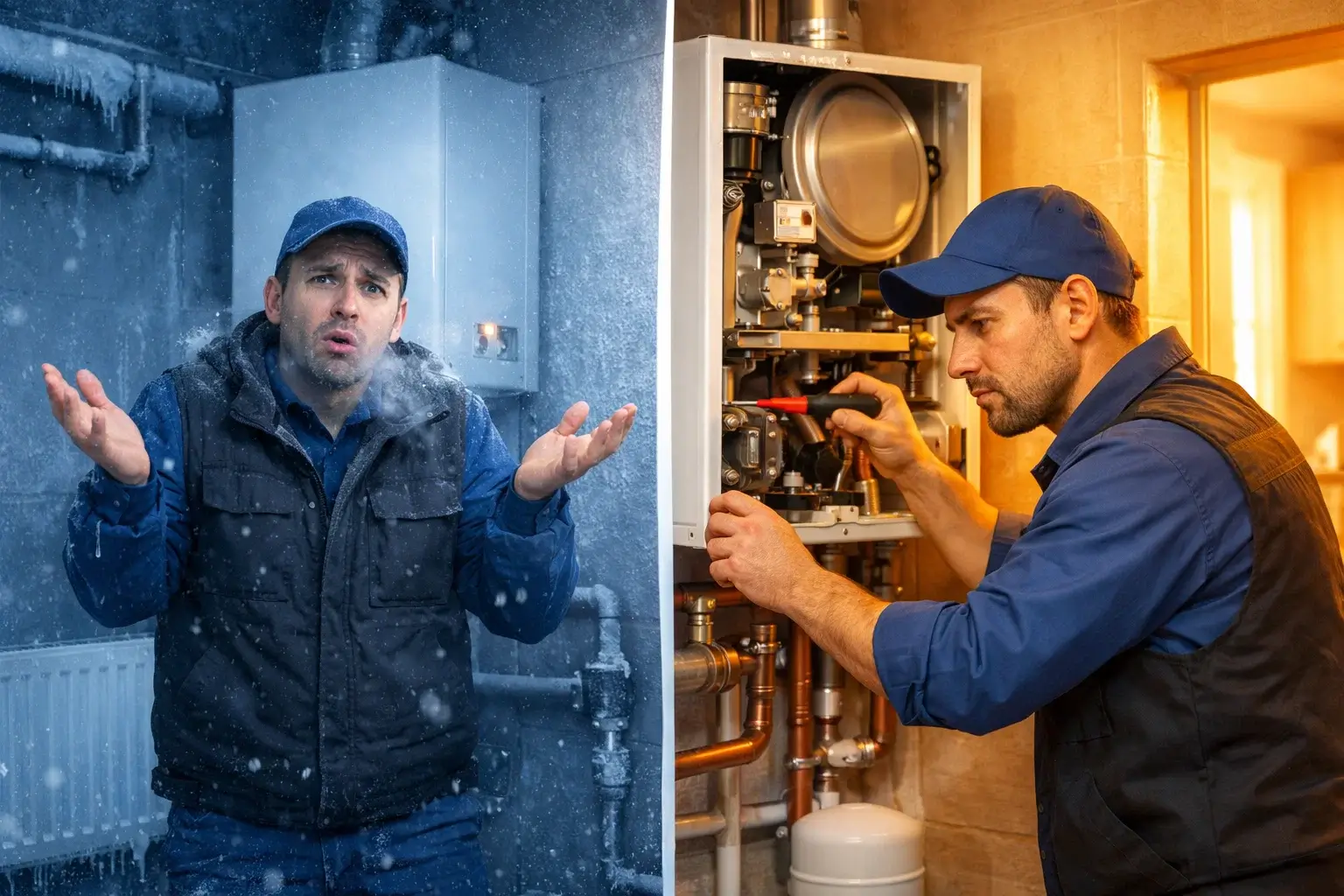 heating technician diagnosing and repairing boiler system